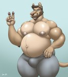 anthro areola beard belly belly_hair biceps big_areola big_belly big_biceps big_bulge big_butt big_nipples big_pecs black_claws blue_eyes body_hair bottomwear brown_hair bulge butt claws clothed clothing dark_lips dark_pawpads ear_piercing earpiece facial_hair fur gesture glistening glistening_body grey_areola grey_bottomwear grey_clothing grey_nipples grey_pants hair half_naked hand_gesture hand_on_hip hand_on_own_hip inner_ear_fluff looking_at_viewer male markings muscular muscular_arms muscular_male mustache navel nipples overweight overweight_male pants pawpads paws pecs piercing pink_nose simple_background smile solo tail teeth thick_thighs tj_(yasano) topless topless_male tuft v_sign whisker_markings whiskers wide_hips laew felid feline lion mammal pantherine 2023 absurd_res colored digital_drawing_(artwork) digital_media_(artwork) hi_res shaded signature soft_shading