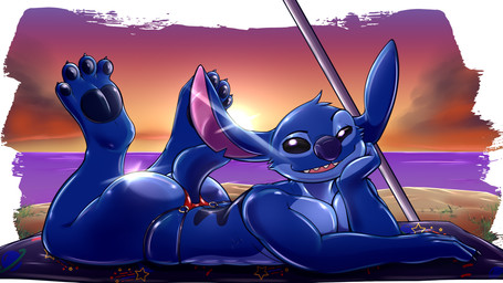 4_toes anthro anthrofied beach beach_blanket blue_body blue_fur blue_pawpads butt claws clothing feet fur glistening glistening_butt holding_chin looking_at_viewer lying male notched_ear on_front open_mouth open_smile pawpads smile solo sparkles sparkling_butt sunset thong toe_claws toes underwear nobody_shapes disney lilo_and_stitch stitch_(lilo_and_stitch) alien experiment_(lilo_and_stitch) 16:9 hi_res widescreen