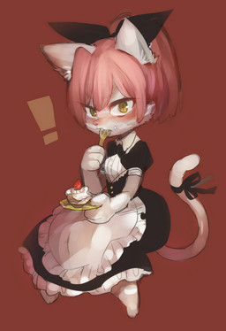 4_fingers alternative_fashion anthro biped black_bow blush cake classic_lolita clothing cutlery dessert exclamation_point female fingers food fork fur goth gothic_lolita grey_body grey_fur hair j-fashion kemono kitchen_utensils lolita_(fashion) lolita_dress looking_at_viewer maid_uniform pink_hair red_background short_hair simple_background sitting solo surprised tools uniform white_body white_fur yellow_eyes young young_anthro suurin_2 domestic_cat felid feline felis mammal 2014 digital_media_(artwork)