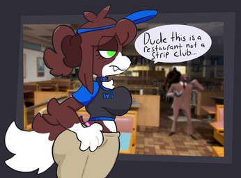 anthro big_breasts black_clothing black_nose black_topwear bottomwear breasts brown_body brown_fur brown_hair choker clothed clothing dialogue eyelashes female floppy_ears fur gloves_(marking) green_eyes hair hat headgear headwear jewelry lop_ears markings necklace pants ponytail side_view snaggle_tooth solo speech_bubble tan_bottomwear tan_clothing tan_pants text thick_thighs thong_straps topwear visor_cap white_body white_fur wide_hips mschaox6 canid canine canis domestic_dog mammal english_text hi_res