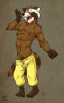 2014 abs anthro biceps brown_body brown_fur clothed clothing digital_media_(artwork) eyes_closed fur guardians_of_the_galaxy hi_res k-9 male mammal marvel muscular muscular_anthro muscular_male open_mouth pecs procyonid raccoon rocket_raccoon solo topless