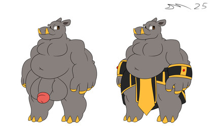 anthro balls black_clothing brown_eyes clothing genitals gold_(metal) gold_tooth grey_body grey_skin humanoid_genitalia humanoid_penis male musclegut muscular muscular_anthro muscular_male nude overweight overweight_anthro overweight_male penis solo tusks dirtymac common_hippopotamus hippopotamid mammal absurd_res hi_res model_sheet