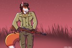 anthro clothed clothing gun male military mullet ranged_weapon rifle simple_background smile soldier soldier_uniform solo standing star uniform warrior weapon world_war_2 cxeroannuki canid canine fox mammal hi_res