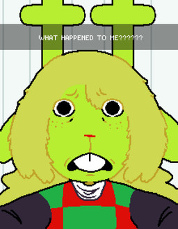 after_transformation anthro antlers blonde_hair buckteeth checkered checkered_clothing checkered_topwear clothing disgusted_face female freckled_face freckles frown fur green_body green_fur green_horn hair horn implied_transformation kelp kelp_shake long_hair moss moss_fur open_frown open_mouth pattern_clothing pattern_topwear plant red_nose selfie solo teeth text topwear asepriterico deltarune nickelodeon snapchat spongebob_squarepants undertale_(series) noelle_holiday deer elemental_creature flora_fauna mammal new_world_deer reindeer absurd_res english_text hi_res