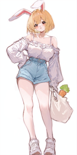 anthro blonde_hair blouse bottomwear carrot clothed clothed_anthro clothed_female clothing female food footwear fur hair hand_on_hip looking_at_viewer open_mouth plant red_eyes shoes shopping_bag shorts simple_background solo standing topwear vegetable white_body white_clothing white_fur klopsiak one_piece carrot_(one_piece) lagomorph leporid mammal minkmen_(one_piece) rabbit 1:2 absurd_res hi_res