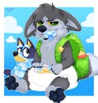 annoyed anthro baby_bottle backpack blue_background border clean_diaper clothed clothing cloud diaper diaper_only frown fur green_eyes grey_body grey_fur grumpy male object_in_mouth pacifier pacifier_in_mouth pawpads paws simple_background sitting sky solo toddler topless wearing_diaper white_background white_border young young_anthro young_male fructoruu bluey_(series) nintendo pokemon bluey_heeler generation_3_pokemon pokemon_(species) poochyena hi_res