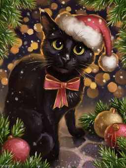 abstract_background ambiguous_gender black_body black_fur black_nose christmas_clothing christmas_decorations christmas_headwear christmas_ornament clothing feral fur green_eyes hat headgear headwear holidays ornament quadruped santa_hat short_fur sitting snow solo whiskers alexpahomov christmas domestic_cat felid feline felis mammal 2023 3:4