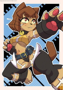 3_toes 4_fingers bell bell_collar belt belt_pouch breasts brown_hair brown_tail claws clothing collar cosplay crossover_cosplay ears_as_hair feet female fingers hair handpaw legwear markings pawpads paws pouch_(clothing) pupils red_pupils scar solo tail tan_body toe_claws toes topwear white_markings yellow_sclera skylosminkan gameoverse glitch_productions skullgirls kit_bodega nadia_fortune domestic_cat felid feline felis mammal absurd_res crossover hi_res