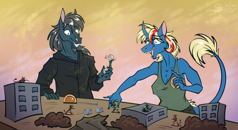anthro board_game d6 dice duo equis_universe female horn kirinaes male miniature miniatures sunny_way alirfesta_felastis steven_saidon equid equine horse ki'rinaes mammal hi_res