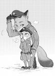 anthro clothed clothing duo female fur hat headgear headwear male outside police police_uniform simple_background uniform winter kabe2mugi disney zootopia judy_hopps nick_wilde canid canine fox lagomorph leporid mammal rabbit red_fox true_fox 2018 hi_res monochrome