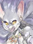 anthro claws countershading ear_piercing fangs female fur grey_body grey_fur hair jewelry looking_at_viewer necklace open_mouth piercing purple_hair snarling solo teeth tongue white_body white_fur yellow_eyes conditional_dnp jonas trials_of_mana belladonna_(trials_of_mana) felid feline mammal hi_res