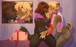 2015 absurd_res ankle_strap_heels anthro black_body black_fur blonde_hair blush bottomless bottomwear breasts brown_body brown_fur brown_hair canid canine canis clothed clothing clothing_lift collaboration collar digital_media_(artwork) domestic_dog duo eyes_closed f-r95 falla_(f-r95) felid female female/female fingering fingering_partner footwear french_kissing fur genitals gift hair hi_res high_heeled_sandals high_heels kissing mammal midriff navel nipples pants pussy red_clothing red_footwear red_high_heels saber-toothed_tiger sandals sex shaded sherri_mayim shirt shirt_lift shoes sitting standing topwear vaginal vaginal_fingering wolfy-nail