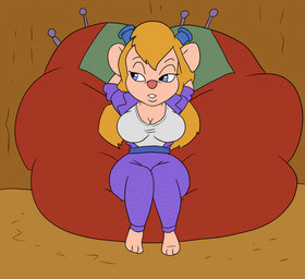 anthro big_breasts blonde_hair blue_eyes breasts clothed clothing eyewear female fur goggles hair hands_behind_back long_hair solo text white_body white_fur vylfgor chip_'n_dale_rescue_rangers disney gadget_hackwrench mammal mouse murid murine rodent 2023 animated animated_gif digital_media_(artwork) short_playtime