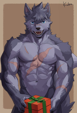 abs anthro biceps blue_eyes covering covering_crotch fangs fur gift grey_body grey_fur hair looking_at_viewer male multicolored_body multicolored_fur muscular muscular_male nude pecs pose scar solo standing teeth two_tone_body two_tone_fur kibu9131 canid canine canis mammal wolf hi_res