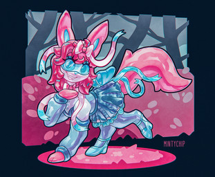 abstract_background ankle_strap_heels blue_bottomwear blue_bow blue_clothing blue_footwear blue_high_heels blue_legwear blue_nose blue_shoes blue_skirt blue_sweater blue_tights blue_topwear bottomwear bow_ribbon clock clothed clothed_feral clothing collared_shirt digitigrade digitigrade_heels dress_shirt female feral footwear forest forest_background glistening glistening_body glistening_latex grin head_bow high_heels latex latex_clothing legwear looking_at_viewer nature nature_background neck_bow permanent permanent_transformation pink_body pink_paws pink_tail plant pumps ribbons shirt shoes skirt smile solo sweater tail tights topwear transformation tree visor visor_eyes white_body mintychipart nintendo pokemon rubbermon eeveelution generation_6_pokemon pokemon_(species) sylveon 2025 digital_drawing_(artwork) digital_media_(artwork) hi_res krita_(artwork) shaded