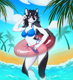 anthro beach bikini blue_eyes clothing eyewear female inflatable inner_tube partially_submerged solo standing_in_water sunglasses swimwear two-piece_swimsuit water crydogg sleek canid canine canis domestic_dog husky mammal nordic_sled_dog spitz 2024 absurd_res digital_media_(artwork) hi_res