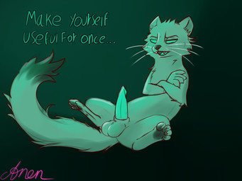 animal_genitalia balls crossed_arms dialogue fangs feral fur genitals glowing green_eyes male open_mouth paws penis semi-anthro simple_background solo spread_legs spreading tail talking_feral teeth text toony whiskers anentheotter daniel_mullins_games inscryption stoat_(inscryption) mammal mustelid musteline stoat true_musteline weasel 4:3 english_text hi_res signature