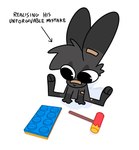 absurd_res anthro band-aid band-aid_on_face band-aid_on_nose bandage bandage_on_face bandage_on_nose black_body black_fur cheek_tuft chest_tuft chibi english_text facial_tuft fur grey_body grey_fur hammer hi_res humor lagomorph lego lego_brick leporid mammal nick_(the_xing1) rabbit simple_background sitting sitting_on_ground solo text tools tuft white_background wide_eyed xing1
