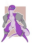 anthro armor armor_only casual_exposure countershading featureless_chest female flat_chested front_view genitals humanoid_genitalia humanoid_pussy mostly_nude purple_body pussy solo standing tail unconvincing_armor w4g4 risk_of_rain lemurian scalie 2019 full-length_portrait hi_res portrait