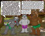 allcaps angry anthro black_nose blue_sclera bold_text bottomwear briefs british_slang brown_body brown_eyes brown_fur bruce_badger bulge claws clothed clothing cole_ratel detailed_bulge fur genital_outline green_bottomwear green_briefs green_clothing green_shorts green_underwear grey_body grey_fur group hands_behind_back male male/male open_mouth open_smile penis_outline profanity purple_bottomwear purple_clothing purple_shorts sharp_teeth shorts shorts_only smile teeth teeth_showing text tongue_showing topless trio underwear brucebadger bruce_(brucebadger) harvey_(brucebadger) american_badger badger gulonine honey_badger mammal mustelid musteline wolverine english_text