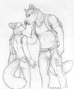 anthro backpack clothing duo ear_piercing half-closed_eyes hand_on_shoulder male muscular narrowed_eyes piercing shoulder_bag tail rukis marcus_(rukis) reis canid canine canis fennec_fox fox mammal true_fox wolf monochrome story story_in_description