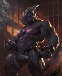2018 5_fingers abs anthro balls bars bedroom_eyes biceps big_balls big_muscles big_penis big_tail black_balls black_body black_genitals black_glans black_penis black_skin black_tail bodily_fluids chain claws clenched_teeth clothed clothing darkgem dragon dripping erection fingers foreskin front_view gag genital_fluids genitals glans glistening glistening_genitalia glistening_glans glistening_penis grey_claws grey_horn half-closed_eyes hi_res holding_object horn huge_balls huge_penis humanoid_genitalia humanoid_hands humanoid_penis jewelry long_penis long_tail looking_at_viewer looking_down male mammal multicolored_body multicolored_skin multicolored_tail muscular muscular_anthro muscular_male mythological_creature mythological_scalie mythology narrowed_eyes necklace nude obliques orange_eyes partially_clothed partially_retracted_foreskin pecs penis penis_towards_viewer precum precum_drip precum_string prison prison_cell purple_body purple_skin purple_tail quads raised_tail raventhan ring_gag scalie seductive serratus sharp_teeth smile snout solo spiked_tail spikes spikes_(anatomy) standing tail teeth thick_penis thick_tail thick_thighs triceps two_tone_body two_tone_skin vein veiny_penis