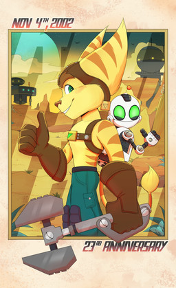 anthro bottomwear clothed clothing duo eyebrows fur gesture gloves green_eyes hand_gesture handwear headgear headwear machine male omniwrench pants smile striped_body striped_fur stripes thumbs_up topless topless_male yellow_body yellow_fur dan_scarf ratchet_and_clank sony_corporation sony_interactive_entertainment clank_(ratchet_and_clank) ratchet_(ratchet_and_clank) lombax mammal robot 2025 absurd_res hi_res