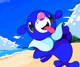 ambiguous_gender beach black_eyes blue_body cloud fangs feral markings open_mouth sea seaside sky solo standing_on_tail tail teeth tongue tongue_out water whisker_markings sleepy_sealion nintendo pokemon generation_7_pokemon pokemon_(species) popplio 2025 6:5 dated hi_res signature