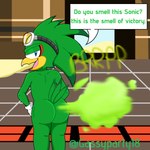 anthro anus beak big_butt blue_eyes butt eyewear eyewear_on_head fart fart_cloud fart_fetish farting_at_viewer feathers goggles goggles_on_head green_body green_feathers looking_at_viewer male male_farting nude presenting presenting_hindquarters smile solo speech_bubble supersonicparty18 sega sonic_riders sonic_the_hedgehog_(series) jet_the_hawk accipitrid accipitriform avian bird 1:1 hi_res