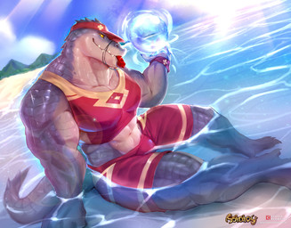 abs anthro biceps lifeguard_swimsuit light looking_at_viewer magic male muscular muscular_male orange_sclera partially_submerged pecs solo sunlight tail water whistle_(object) ralefov astatos studio_klondike drusus_(astatos) crocodilian reptile scalie absurd_res hi_res