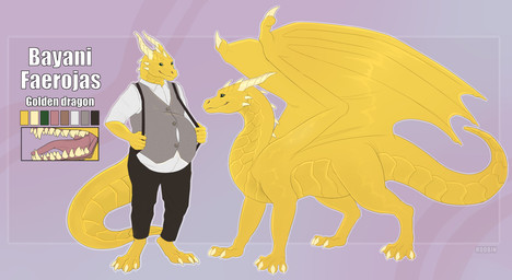 ambiguous_feral ambiguous_gender anthro belly big_belly black_bottomwear black_clothing black_pants bottomwear clothed clothing fangs feral front_view green_eyes grey_clothing grey_topwear grey_vest male male_anthro membrane_(anatomy) membranous_wings mouth_closed overweight overweight_anthro overweight_male pants red_tongue scales shirt side_view solo teeth tongue topwear vest white_clothing white_shirt white_topwear wings yellow_body yellow_scales yellow_wings roobin mythology dragon mythological_creature mythological_scalie scalie hi_res model_sheet