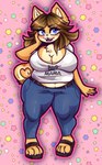 5_fingers anthro belt big_breasts biped blue_bottomwear blue_clothing blue_eyes blue_pants bottomwear breasts brown_hair chest_tuft cleavage clothed clothed_anthro clothed_female clothing female fingers freckles front_view fur hair inner_ear_fluff looking_at_viewer open_mouth open_smile overweight overweight_anthro overweight_female pants shirt short_stack slightly_chubby slightly_chubby_anthro slightly_chubby_female smile solo standing t-shirt tail tan_body tan_fur teeth text text_on_t-shirt thick_thighs tooth_gap topwear tuft white_clothing white_shirt white_t-shirt white_topwear wide_hips lizzyrascal june_(jinu) canid canine canis domestic_dog mammal shiba_inu spitz 2023 digital_drawing_(artwork) digital_media_(artwork) english_description english_text full-length_portrait hi_res portrait
