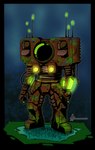 armor glowing hand_on_leg headlights lights logo machine metal moss not_furry plant power_armor ranged_weapon rocket rocket_launcher rust shoulder_missiles simple_background spacesuit standing text weapon masterzoroark666 factorio risk_of_rain wube_software engineer_(risk_of_rain) humanoid robot robot_humanoid alpha_channel artist_logo artist_name cel_shading full-length_portrait hi_res portrait shaded signature