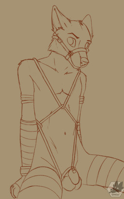 anthro bdsm bondage bound chastity_cage chastity_device male muzzle_(object) muzzled restraints rope rope_bondage rope_harness solo eldingo absurd_res hi_res sketch