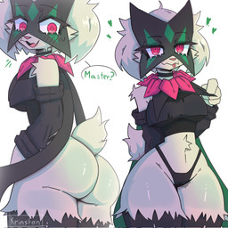anthro blep blush bodily_fluids breasts butt camel_toe clothing duo female female_anthro looking_at_viewer master medium_breasts scut_tail short_tail shoulderless_topwear side_boob sweat tail thong tongue tongue_out underwear krinsfon nintendo pokemon felid generation_9_pokemon mammal meowscarada pokemon_(species) 1:1 hi_res