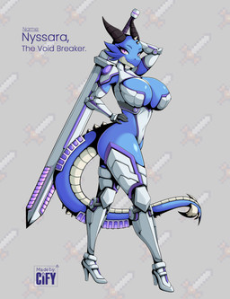 2_horns 5_fingers abstract_background anthro arm_armor arm_warmers armor armor_plates armwear big_breasts big_butt black_armor black_clothing black_gloves black_handwear black_horn blue_arms blue_body blue_breasts blue_eyebrows blue_face blue_legs blue_neck blue_scales blue_snout blue_spikes blue_tail blue_upper_jaw bodysuit boots breast_armor breasts butt butt_pose camel_toe cheek_spikes claws cleavage_cutout clothed clothing countershade_body countershade_face countershade_neck countershade_tail countershade_torso countershading curvy_figure cutout elbow_gloves elbow_pads eyebrows eyelashes facial_spikes female finger_claws fingers footwear form_fitting furgonomics futuristic futuristic_armor futuristic_clothing futuristic_sword futuristic_weapon gauntlets glistening glistening_breasts glistening_eyes glistening_face glistening_head glistening_snout glistening_thighs gloves glowing glowing_armor glowing_sword glowing_weapon grey_background hand_on_hip handwear head_horn head_spikes head_spines high_heeled_boots high_heels highlights_(coloring) holding_melee_weapon holding_object holding_sword holding_weapon horn hourglass_figure humanoid_hands humanoid_legs jagged_mouth knee_pads large_sword leg_armor legwear logo long_tail longsword looking_at_viewer melee_weapon metal_armor multicolored_body multicolored_breasts multicolored_chest multicolored_face multicolored_neck multicolored_scales multicolored_tail navel non-mammal_breasts non-mammal_navel plate_armor pose pupils purple_armor purple_clothing purple_eyes purple_footwear purple_high_heels purple_highlights purple_sword purple_weapon reptile_tail ridged_horn scales scaly_tail scuted_tail scutes sharp_horn shoes shoulder_pads silver_(metal) silver_armor simple_background skimpy skinsuit slit_pupils small_waist smile smiling_at_viewer smirk smirking_at_viewer solo spiked_tail spikes spikes_(anatomy) spines standing sword swordswoman tail tail_armor tail_spines text thagomizer thick_eyelashes thick_tail thick_thighs thigh_boots thigh_highs tight_clothing unconvincing_armor ventral_scales warrior wavy_horn weapon white_armor white_body white_breasts white_cheeks white_chest white_clothing white_countershading white_face white_footwear white_gloves white_handwear white_high_heels white_lower_jaw white_scales white_scutes white_snout white_spikes white_spines white_sword white_tail white_throat white_weapon wide_hips cify nyssara_(the_void_breaker) kobold reptile scalie absurd_res artist_logo artist_name character_name colored digital_drawing_(artwork) digital_media_(artwork) english_text hi_res pixel_(artwork)