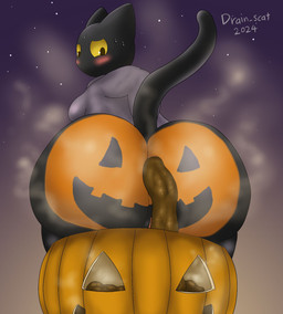anthro anus big_butt big_ears black_body black_fur blush bodypaint breasts butt butt_focus clothed clothing costume curvy_figure feces feces_in_ass feces_pile female food frown fruit fur genitals glistening glistening_body halloween_costume holidays huge_butt jack-o'-lantern looking_back night outside painted_butt plant pooping pumpkin pumpkin_butt sitting sitting_on_pumpkin solo star tail thick_thighs vulva yellow_eyes drain_scat google google_doodle halloween magic_cat_academy momo_(google) domestic_cat felid feline felis mammal 2024 hi_res