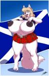 anthro big_breasts breasts clothed clothing clothing_lift curvy_figure deep_navel exposed_breasts female flag flashing huge_breasts hyper hyper_breasts looking_at_viewer makeup navel nipples open_mouth presenting presenting_breasts saltire scottish scottish_flag shirt shirt_lift slightly_chubby solo thick_thighs topwear voluptuous mirukwi aife_meikle canid canine mammal digital_media_(artwork) hi_res