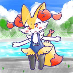accessory ambiguous_anthro ambiguous_gender anthro biped blush blush_stickers clothing cloud detailed_background digitigrade dipstick_tail fence food front_view hair_accessory hair_tie markings name_tag object_in_tail one-piece_swimsuit open_mouth outside plant school_swimsuit shrimp_(food) sky snout solo standing swimming_pool swimwear tail tail_markings text tree annyui0611 nintendo pokemon braixen canid generation_6_pokemon mammal pokemon_(species) 1:1 2024 digital_drawing_(artwork) digital_media_(artwork) full-length_portrait hi_res japanese_description japanese_text portrait translated translated_description