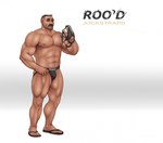 bulge clothing facial_hair flip_flops footwear holding_clothing holding_object holding_underwear jockstrap looking_at_viewer male muscular muscular_male mustache navel nipples product_placement sandals shaved_head shoes simple_background solo tattoo underwear awarebear human mammal hi_res