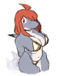 anthro big_breasts bikini bikini_bottom bikini_top breasts cleavage clothed clothing dorsal_fin female fin hair hands_behind_back high-angle_view looking_at_viewer navel non-mammal_breasts open_mouth orange_hair red_eyes shark_tail simple_background snout solo swimwear tail two-piece_swimsuit wide_hips exuvialremains blacktip_shark carcharhinus fish marine requiem_shark shark 3:4 absurd_res colored colored_sketch flat_colors hi_res sketch