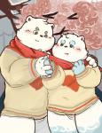 anthro balls blush clothing duo fur genitals hand_holding humanoid_hands male male/male outside overweight overweight_male penis scarf shirt topwear white_body white_fur awa_awa bear mammal 2019 hi_res