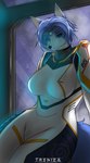 2024 anthro blue_body blue_eyes blue_fur blue_hair breasts canid canine clothing digital_media_(artwork) dimmed_lights female fox fur hair headgear headwear hi_res krystal_(star_fox) looking_at_viewer mammal markings nintendo science_fiction solo space spacesuit star_fox treniea