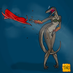 accident accidental_exposure anthro blue_background bottomless bottomless_female bottomwear breasts claws clothed clothing embarrassed feathers female genitals grey_body logo non-mammal_breasts sickle_claw simple_background skirt solo tail toe_claws vulva wardrobe_malfunction wind the_nameless_guy dinosaur feathered_dinosaur feathered_scalie hybrid prehistoric_species purrolyth reptile scalie 1:1 artist_logo
