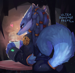 accessory anthro beverage black_nose blue_body blue_fur blue_hair blush breasts candy cave chocolate clothing container cuff_(restraint) cup dessert dreadlocks female food fur furniture hair hair_accessory hair_ring heart_symbol hot_chocolate raised_tail red_eyes restraints skinsuit smile solo table tail tight_clothing tuft wrist_cuffs ultrabondagefairy shot_one kiera_(shot_one) canid canine canis mammal wolf 2020 absurd_res hi_res