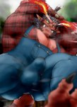 blush claws clothed clothing erection erection_under_clothing facial_hair fire flannel_shirt horn lumberjack male muscular muscular_humanoid muscular_male overalls pecs red_body solo toe_claws dorayakich lifewonders live_a_hero astar demon humanoid absurd_res hi_res