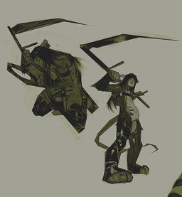 andromorph anthro belly bottomless clothed clothing ear_piercing facial_piercing hair hair_over_eyes intersex kneeling legwear long_hair markings melee_weapon nipple_covers nose_piercing piercing polearm pussy_tape scythe septum_piercing solo standing striped_markings striped_tail stripes tail tail_markings tape thigh_highs weapon zipper mourph bren_(mourph) american_opossum mammal marsupial hi_res