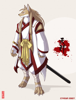 4_toes anthro asian_clothing bandage bandaged_leg bandaged_legs black_nose brown_hair cheek_tuft claws clothed clothed_anthro clothed_male clothing countershading east_asian_clothing facial_tuft feet fingerless_gloves fully_clothed fully_clothed_anthro fully_clothed_male fur gloves hair handwear inner_ear_fluff japanese_clothing kemono kimono long_hair male male_anthro markings melee_weapon multicolored_body multicolored_clothing multicolored_fur multicolored_kimono red_eyes sidelocks solo sword toe_claws toes tuft two_tone_body two_tone_clothing two_tone_fur two_tone_kimono weapon white_body white_claws white_clothing white_countershading white_fur white_gloves white_handwear white_inner_ear_fluff white_kimono white_markings yellow_ribbon cyyeun canid canine mammal 2007 shaded signature