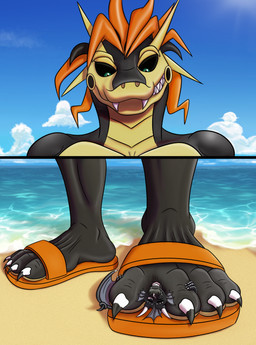 beach clothing duo feet footwear macro male male/male micro paws pinned sand sandals sea shoes soles stomping toes water ramsayd mythology nintendo pokemon dragoflammeus drakons dragon future_pokemon generation_9_pokemon legendary_pokemon miraidon mythological_creature mythological_scalie paradox_pokemon pokemon_(species) scalie absurd_res hi_res