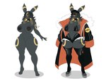 5_fingers anthro anthrofied areola areola_slip arm_markings barbell_piercing bell bell_collar big_breasts bikini bikini_top black_bikini_top black_body black_bottomwear black_clothing black_fur black_hair black_hat black_headwear black_jacket black_legwear black_shorts black_thigh_highs black_topwear blonde_highlights bottomwear breasts clothed clothed_anthro clothed_female clothing collar denim denim_bottomwear denim_clothing denim_shorts ear_piercing eyelashes female fingers footwear front_view fur genitals grey_body grey_fur hair hat headgear headwear high_heels highlights_(coloring) huge_breasts jacket jingle_bell jingle_bell_collar leg_markings legwear markings navel nipple_barbell nipple_piercing nipples nude nude_anthro nude_female orange_clothing orange_jacket orange_topwear piercing pokemorph pussy red_sclera shoes shorts simple_background small_waist smile solo swimwear thigh_highs thigh_markings thong_straps topwear two-piece_swimsuit white_background gatoradeew nintendo pokemon eeveelution generation_2_pokemon pokemon_(species) umbreon 2024 digital_drawing_(artwork) digital_media_(artwork) full-length_portrait hi_res portrait